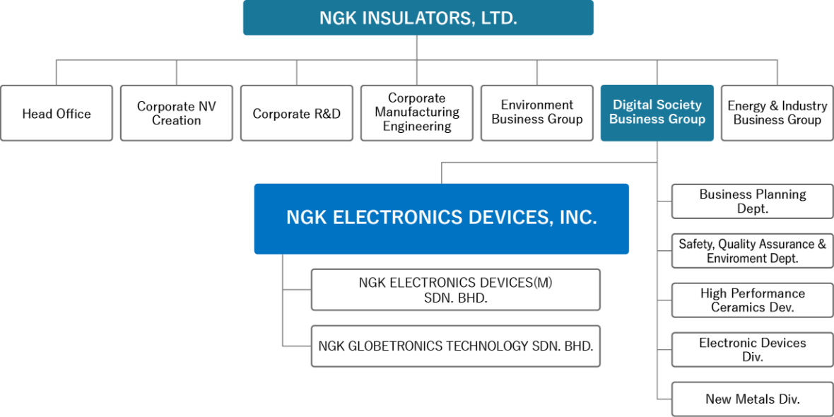 NGK INSULATORS, LTD. has the Energy Infrastructure Business Group, Process Technology Business Group, Ceramics Business Group, and Electronics Business Group. NGK ELECTRONICS DEVICES, INC., a member of the NGK Group, is positioned under the Industrial Process Department of the Process Technology Business Group, along with the Management Division, Sales Division, Technology 1 Division, and Technology 2 Division under the Department.