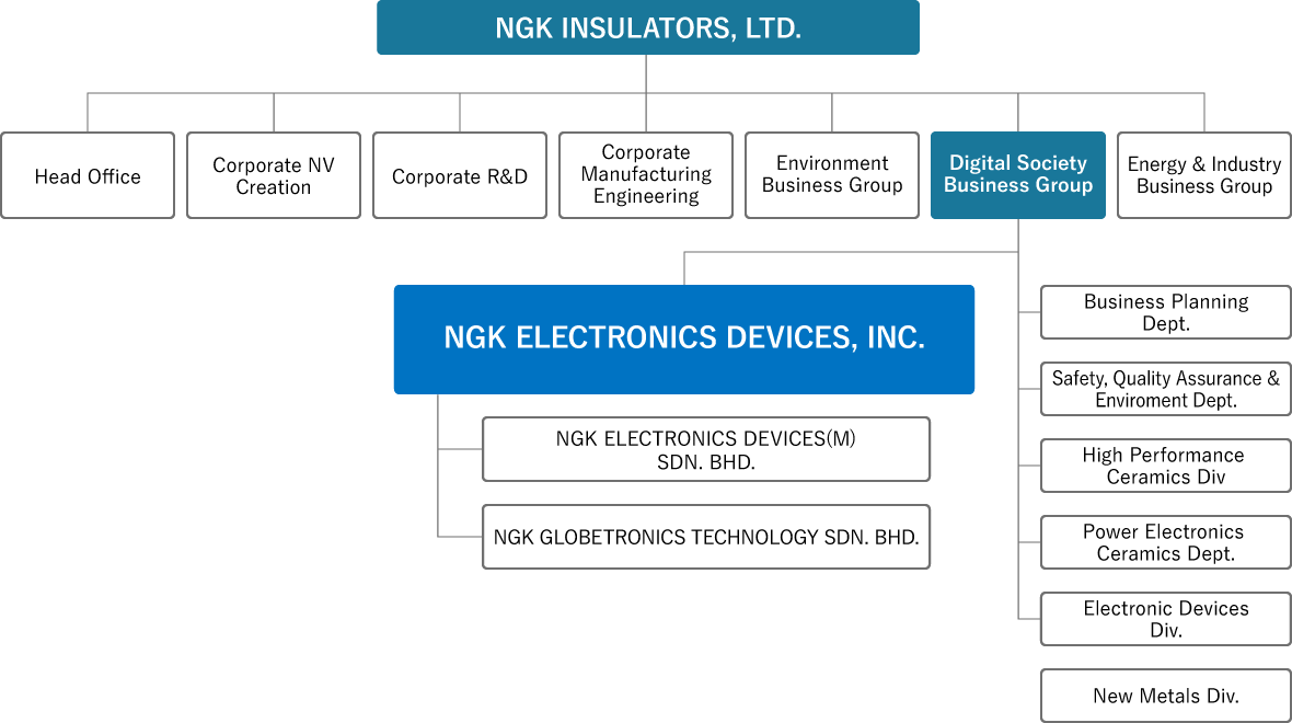 NGK INSULATORS, LTD. has the Energy Infrastructure Business Group, Process Technology Business Group, Ceramics Business Group, and Electronics Business Group. NGK ELECTRONICS DEVICES, INC., a member of the NGK Group, is positioned under the Industrial Process Department of the Process Technology Business Group, along with the Management Division, Sales Division, Technology 1 Division, and Technology 2 Division under the Department.