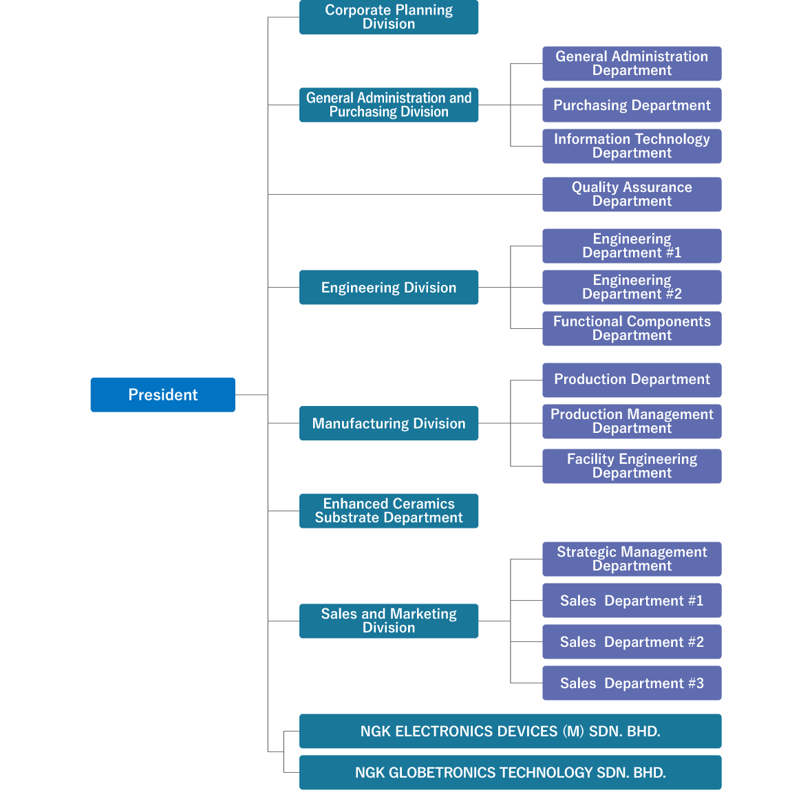 This is an organization chart of NGK ELECTRONICS DEVICES, INC. Under the President and Vice President, we have the Management Division, Sales Division, Quality Assurance Division, Technology Division, and Manufacturing Division. Under the Management Division are the General Affairs G, Accounting G, and Purchasing G. Under the Sales Division are the Sales 1 G and Sales 2 G. Under the Quality Assurance Division, we have the Quality Assurance G and Inspection G. Under the Technology Division are the Technology 1 G and Technology 2 G. Under the Manufacturing Division, we have the Manufacturing 1 G and Manufacturing 2 G.